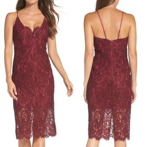 Bardot Midi Lace Dress in a rich burgundy/wine red color